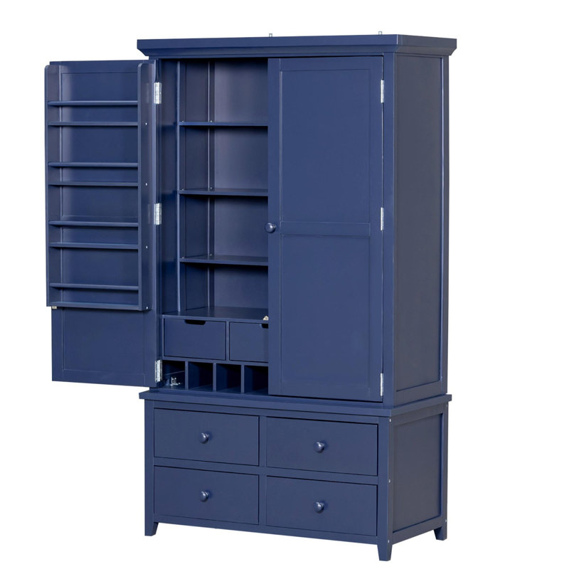 Garde-manger 71 po avec 8 tablettes de porte, 3 tablettes réglables, 7 tiroirs et support à vin pour 8 bouteilles, Bleu