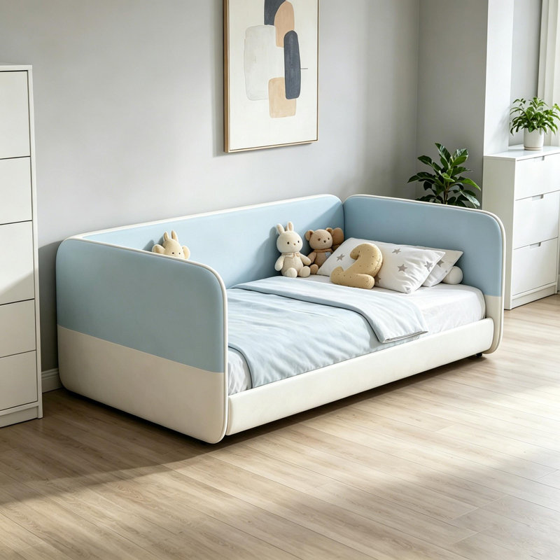 Lit de jour simple pour lit d'enfant simple rembourré Montessori, Blue/White