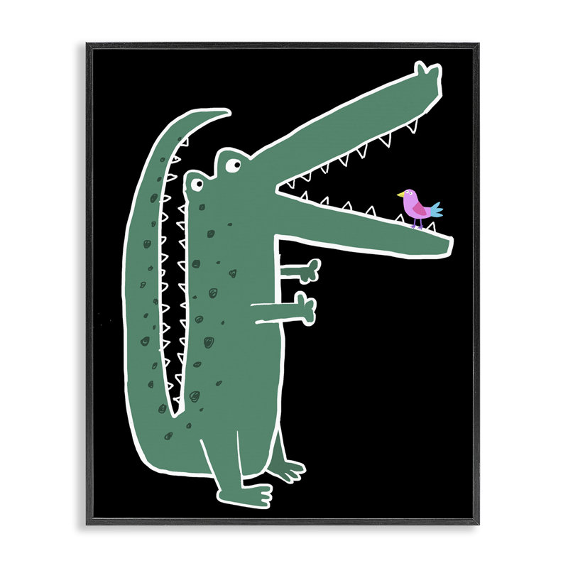 Alligator et oiseau sur estampe numérique noire, design par Carla Daly, H 20 po x l 16 po, Giclée encadrée noir minuit