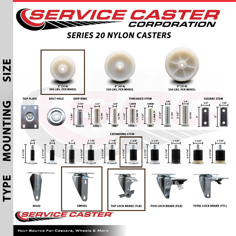 Ensemble de roulettes extensibles pivotantes en nylon de 3 po à 1 3/8 po avec frein SCC