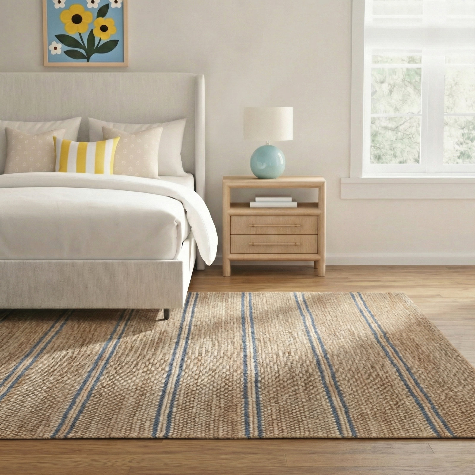 Beamond Brown Blue Hand-Woven Striped Jute Rug, Rectangle 9' x 12'