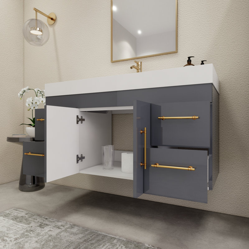Ensemble de meuble-lavabo simple mural 47,2 "avec tiroirs et portes, Gris brillant