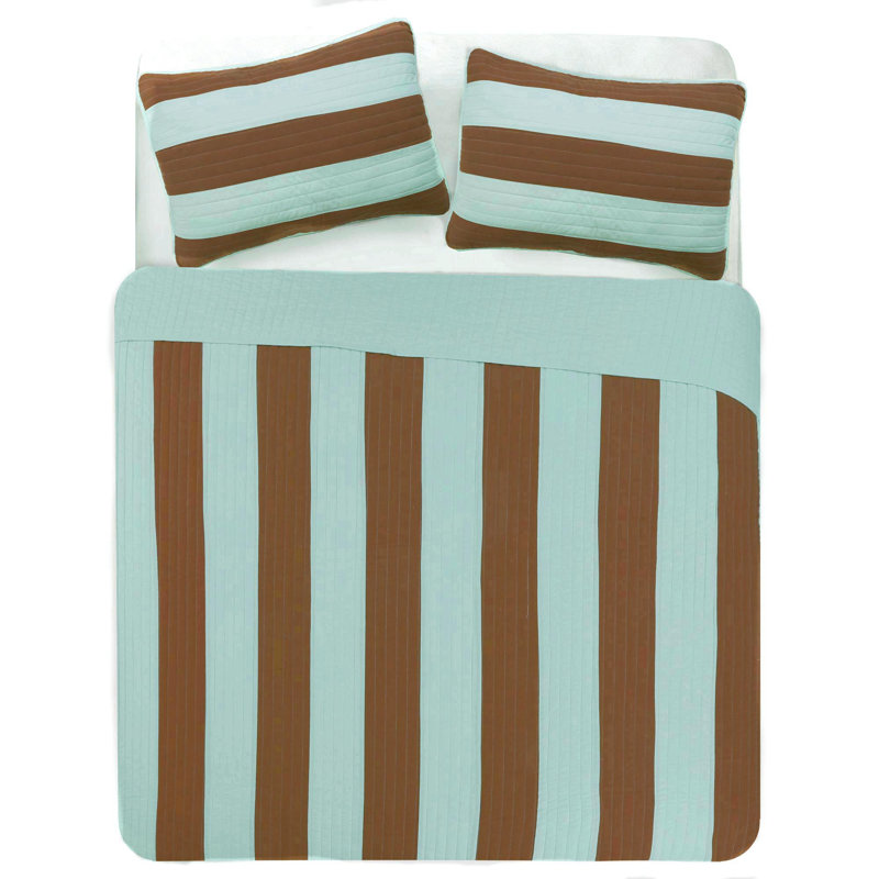 Brinley Cotton Striped Quilt, Mint/Brown, Queen Quilt + 2 Shams