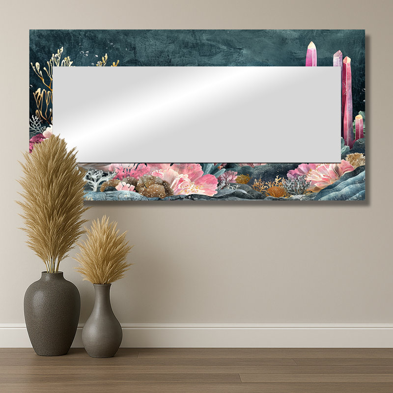 Aquarium corail et cristal sous l'eau Horizon - Art mural moderne miroir décoratif - Impression sur métal, 28 po x 55 po