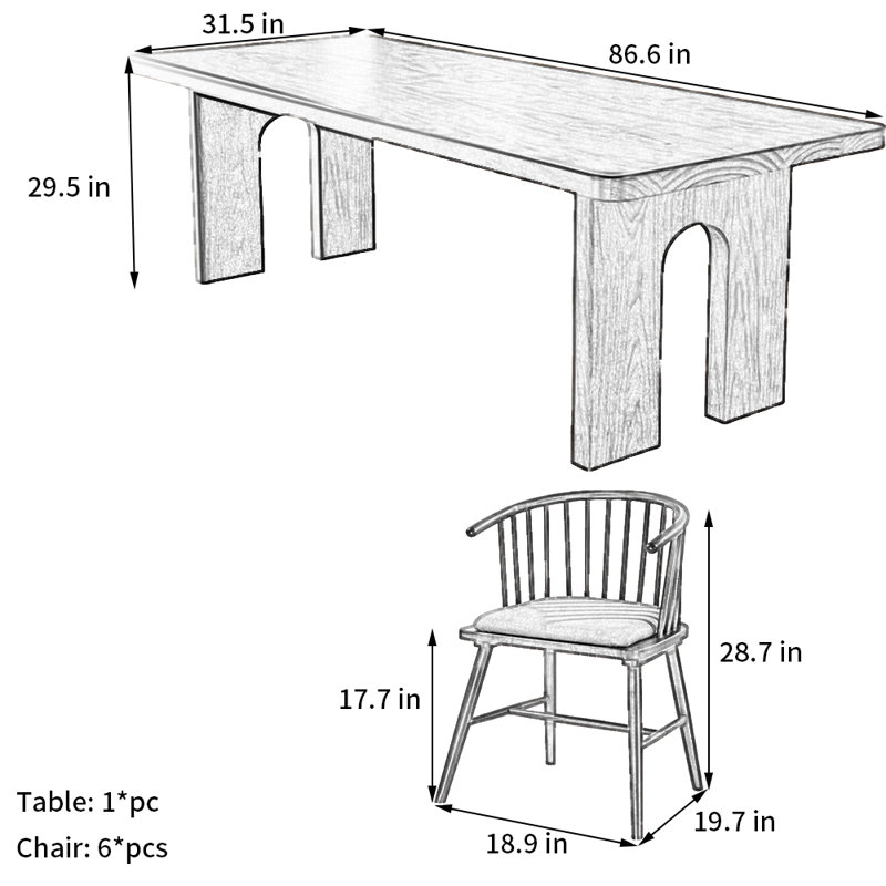 Ensemble de salle à manger Wabi-Sabi, H 29,5 po x L 86,6 po x l 31,5 po