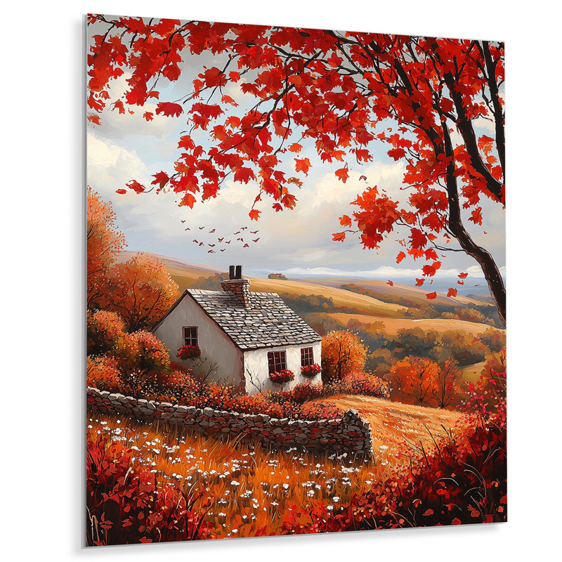 «Cottage in the Autumn Hills I» - campagne, art mural en métal, H 32 po x l 24 po