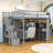 Full Wood Loft Bed with LED Light, Wardrobe, Desk and Shelves-803855237
