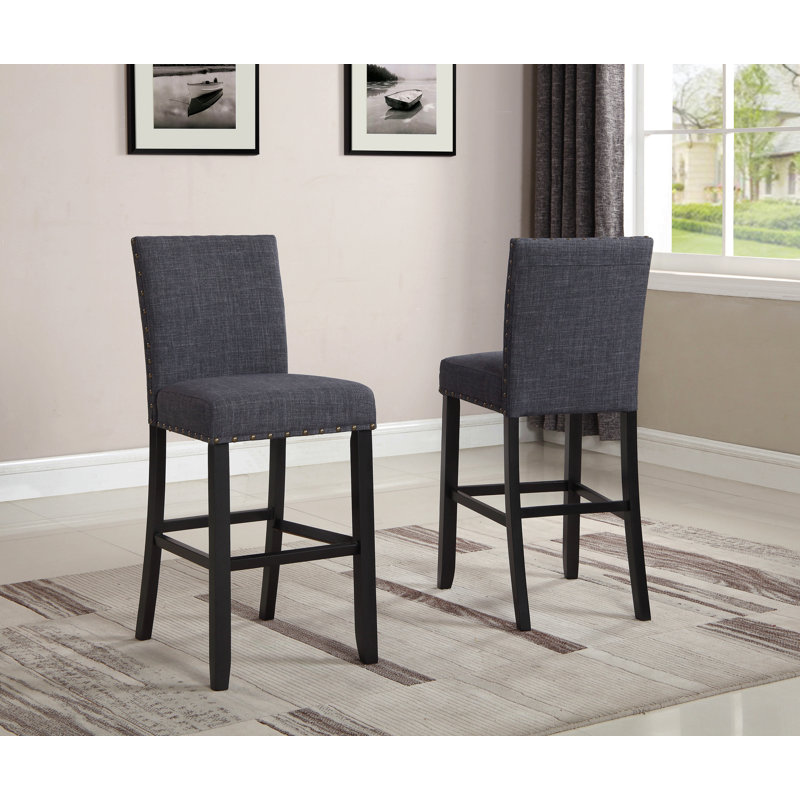 Fabric Bar Stools With Nailhead Trim, Set Of 2, Gray