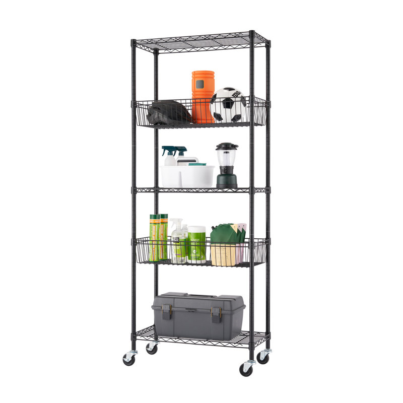 Black Powder-Coated Steel 5-Tier Wire Shelving Unit with Wheels