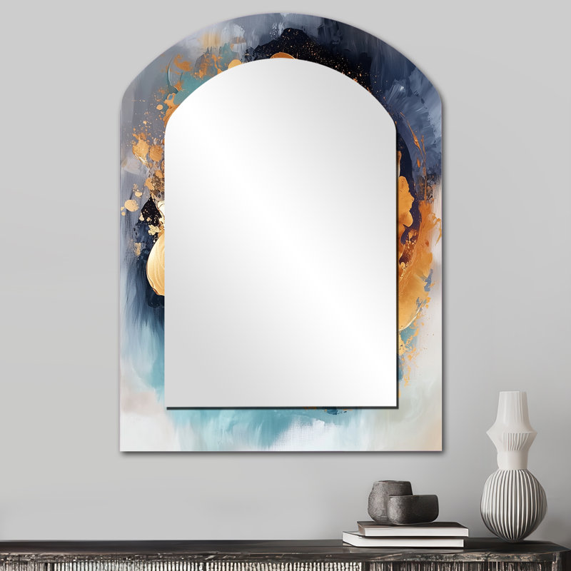Blue And Gold Fractal Vortex III - Abstract Spirals Asymmetrical Mirror, Gold Freeform Decorative Wall Mirror, Printed Metal Art