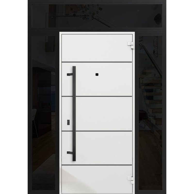 Porte avant en acier pré-suspendue à l'avant / deux en chêne naturel 6683/2 fenêtres latérales et latérales supérieures à l'avant / entrée en métal peint moderne l 12 + 36 + 12 po x H 80 + 16 po à gauche