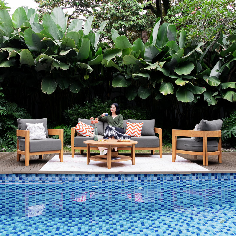 Keaton Teak Outdoor Patio Sofa With Cushions, Gray