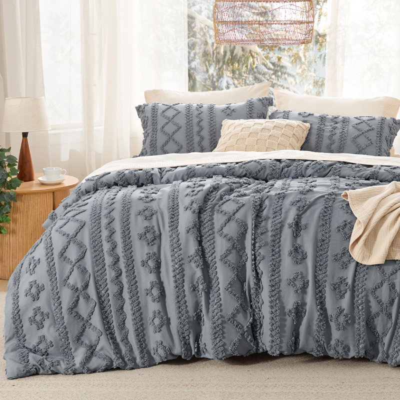 Ensemble d'édredon en microfibre toutes saisons, Édredon pour grand lit + 2 taies décoratives, Gris