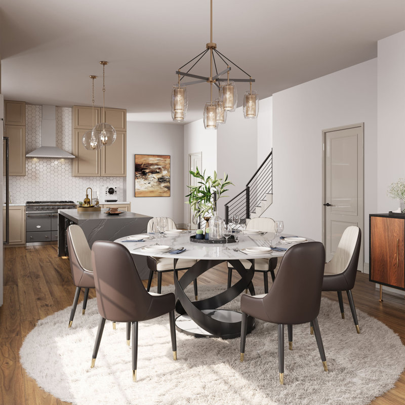 Maxwell 5/7 Pieces Modern Round Dining Table Sets, Glossy Sintered Stone Dining Table With PU Upholstered Chairs