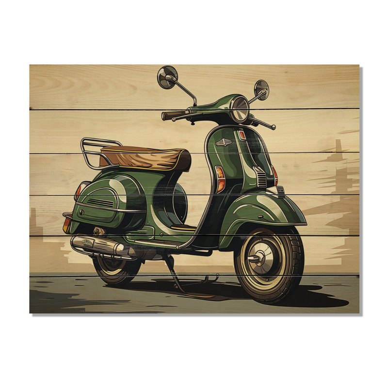Kayliann, scooter vert rétro, impression électrique sur bois, H 30 po x l 40 po x P 0,78 po