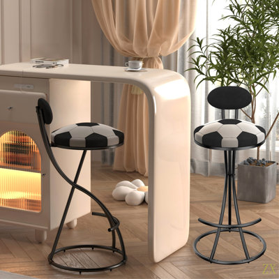 Upholstered S-Shaped Barstools Set Of 2 Velvet Counter Bar Stools Football Print Round Dining Stool For Kitchen & Living Room