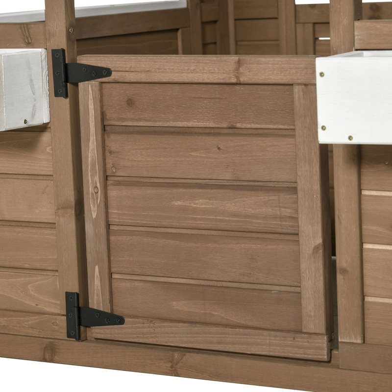 Brown Wooden Outdoor Kids Playhouse with Flowerpot Holders