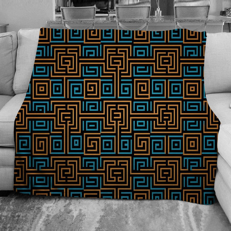 Couverture en molleton Greek Key, Simple, Géométrique, Bleu / Brun