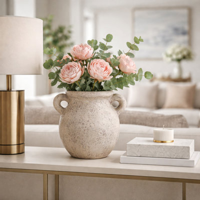 Vase rond en terre cuite avec double poignée pour la décoration intérieure - Vase à fleurs de style rétro pour décoration d'étagère ou de table d'appoint - 12 po, ivoire