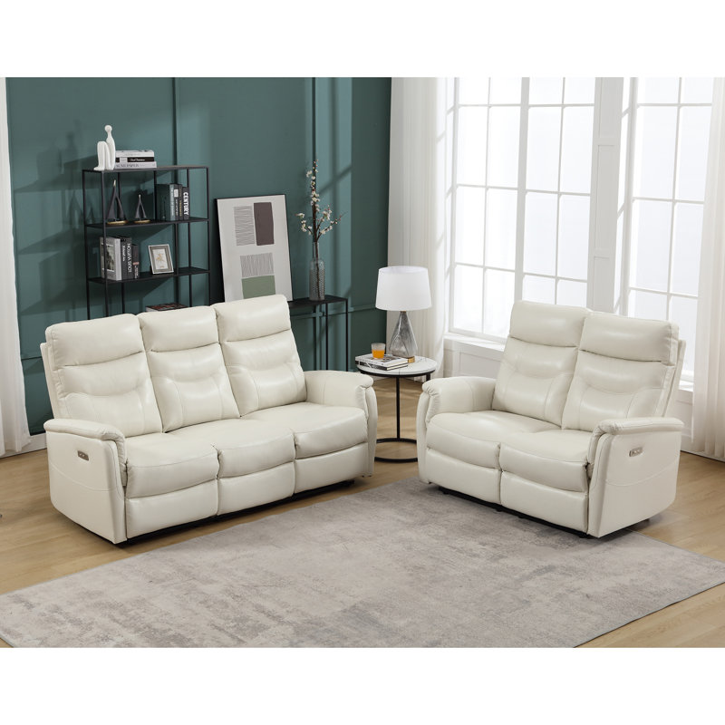 Ensemble de salon inclinable électrique en cuir véritable 2 pièces avec port USB Angellie, Cuir véritable ivoire