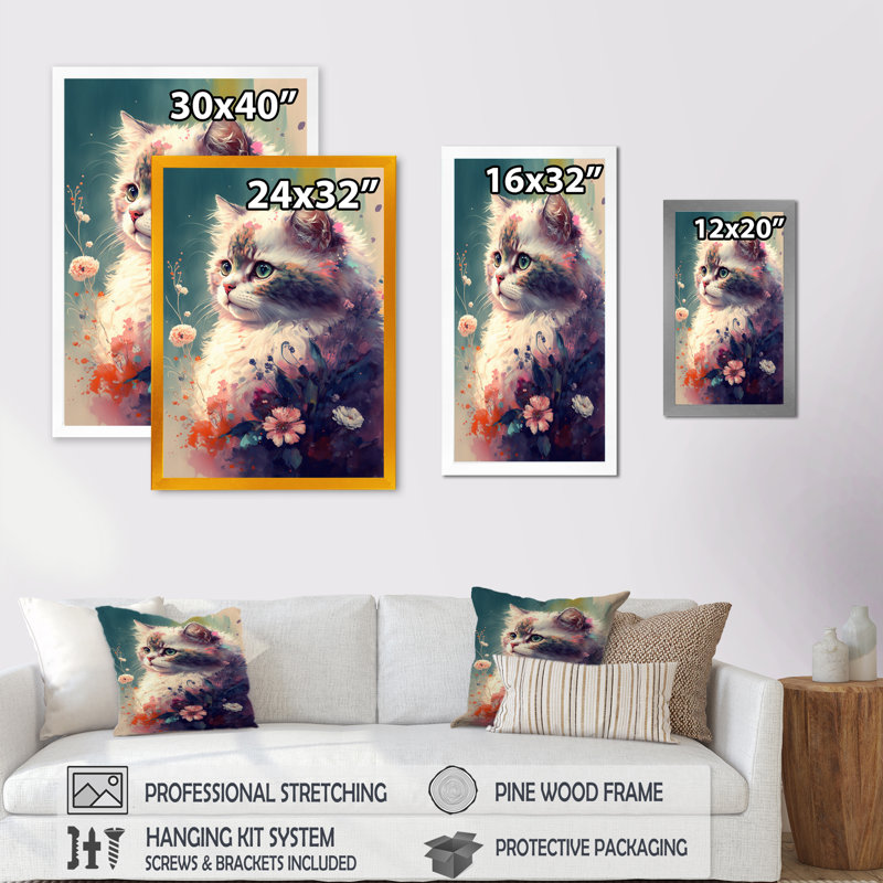 Mignon chat persan, art floral III - chat, décoration murale en toile, Impression dorée sur toile encadrée