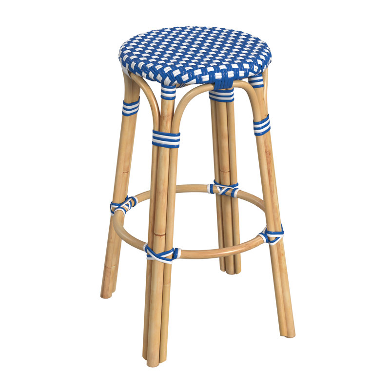 Alastair Hand-Woven Rattan Bar & Counter Stool, Bar Stool (30" Seat Height), Blue/White Dot/Natural Rattan Frame