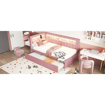 Upholstered Twin Size Platform Bed With USB Ports And LED Belt, With Trundle