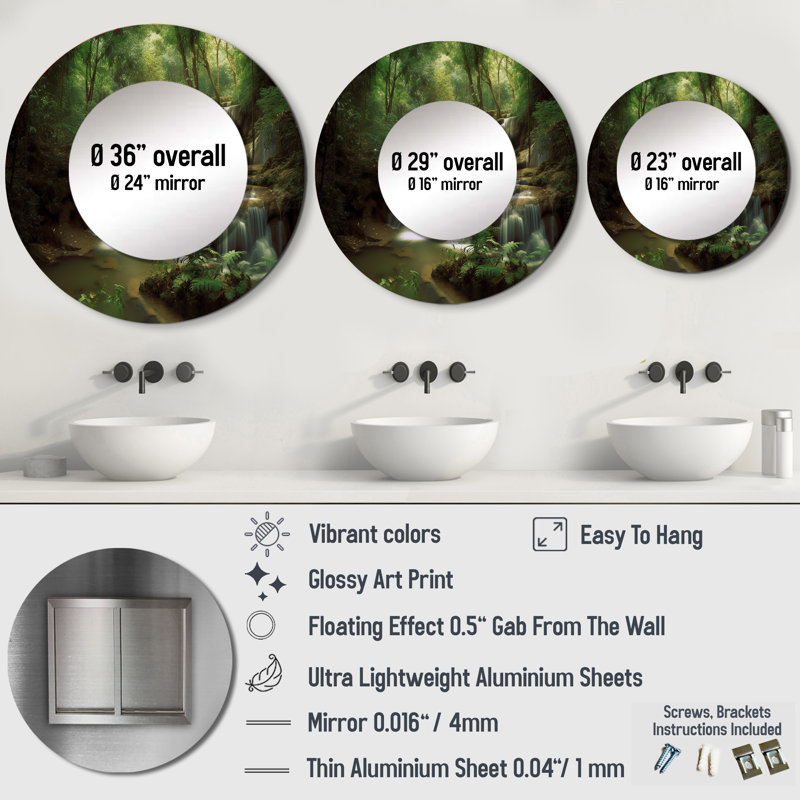 Poock Waterfall In Dense Forest II - Mountains Wall Mirror, Traditional Decorative Mirror, Printed Metal Art, 29" x 29"