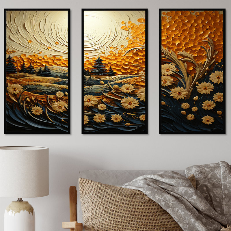 Karmas Wheat Whirl Meadow III - ensemble d'art mural sur toile Meadow, H 28 po x l 36 po x P 1 po, Cadre flottant noir