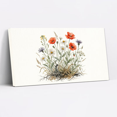 Orange Poppies and White Daisies with Roots Canvas Wall Art