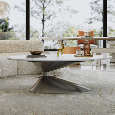 Table basse ovale en faux marbre 49,2 po, base contemporaine en acier inoxydable, table centrale moderne pour le salon