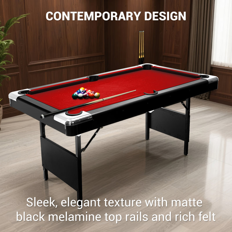 Table de billard pliante Qeetex 6 pi, table de billard portable avec ensemble de boules complètes, 2 queues, craie et brosse pour salle de jeux, rouge