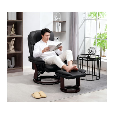 Fauteuil inclinable pivotant avec repose-pieds, fauteuil inclinable en cuir PU noir avec rembourrage à ressorts ensachés