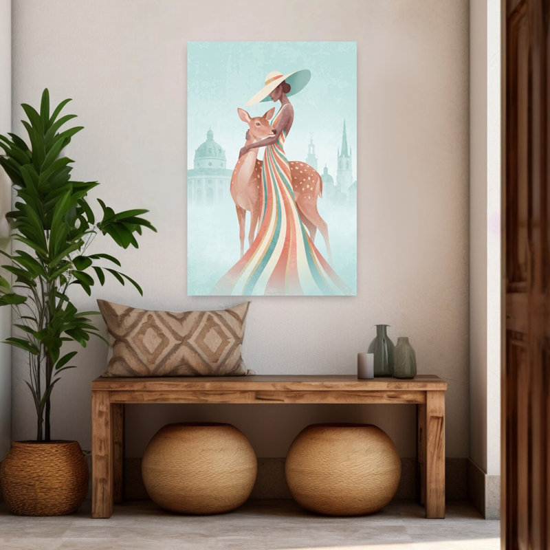 «Elegant Woman Deer Embrace», impression élégante de cerf serein éthéré, 48" H x 32" W