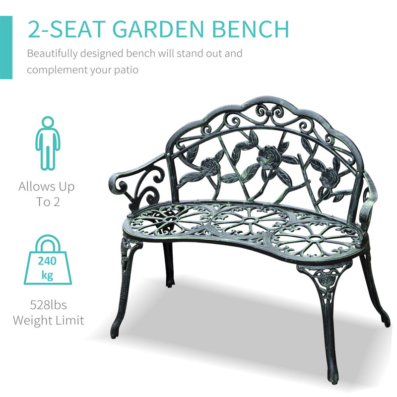 Antique Green Cast Aluminum Outdoor Bench with Floral Design