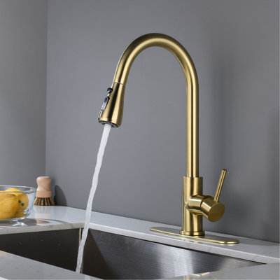 Single Handle Kitchen Sink Faucet In Brushed Gold With Pull Down , Stainless Steel Construction, 360 Rotating High - Arc Nozzle, Lever For Water Control, Corrosion Surface, Aerators Bubble Rich And