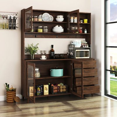 Armoire de cuisine en noyer de 63 po - 4 portes, tiroirs et tablette à micro-ondes, garde-manger autoportant à des fins diverses en panneau de particules avec portes, tiroirs différents