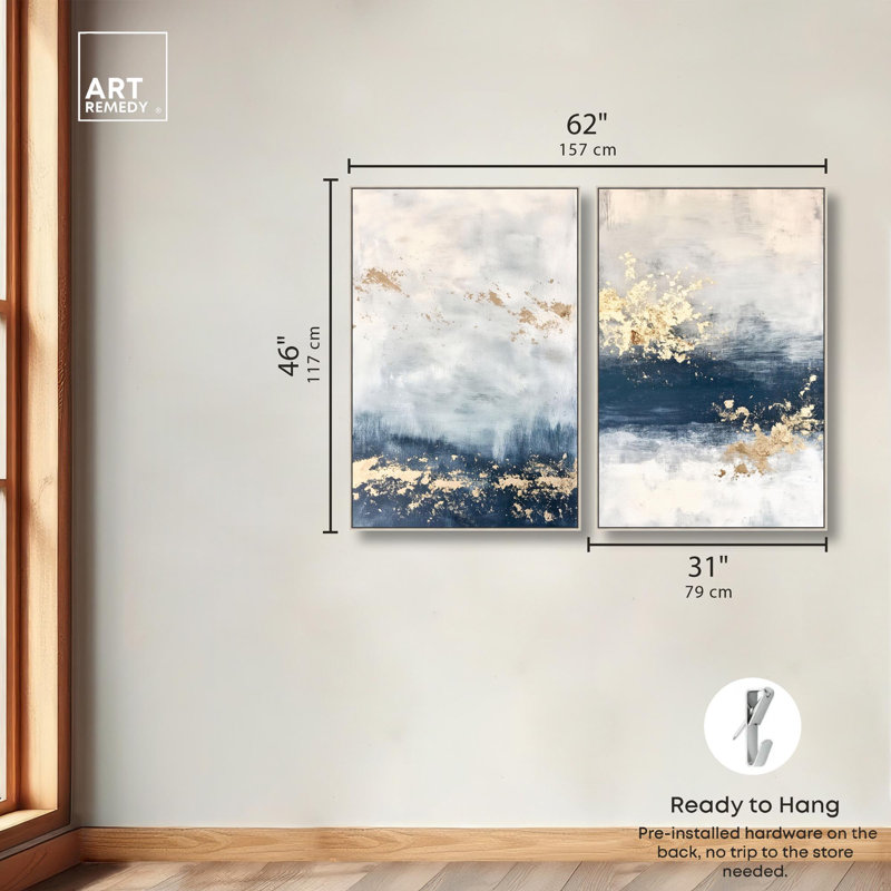 «Gilded Coastal Calm Blue Art», ensemble de 2 impressions sur toile par , Argent argent, H 46 po x l 31 po