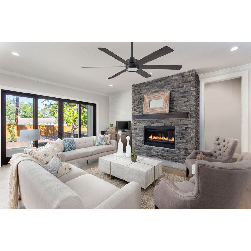 Ventilateur de plafond noir mat à 6 pales de 64 po Buariki avec télécommande, ensemble d'éclairage à DEL à intensité variable et moteur réversible