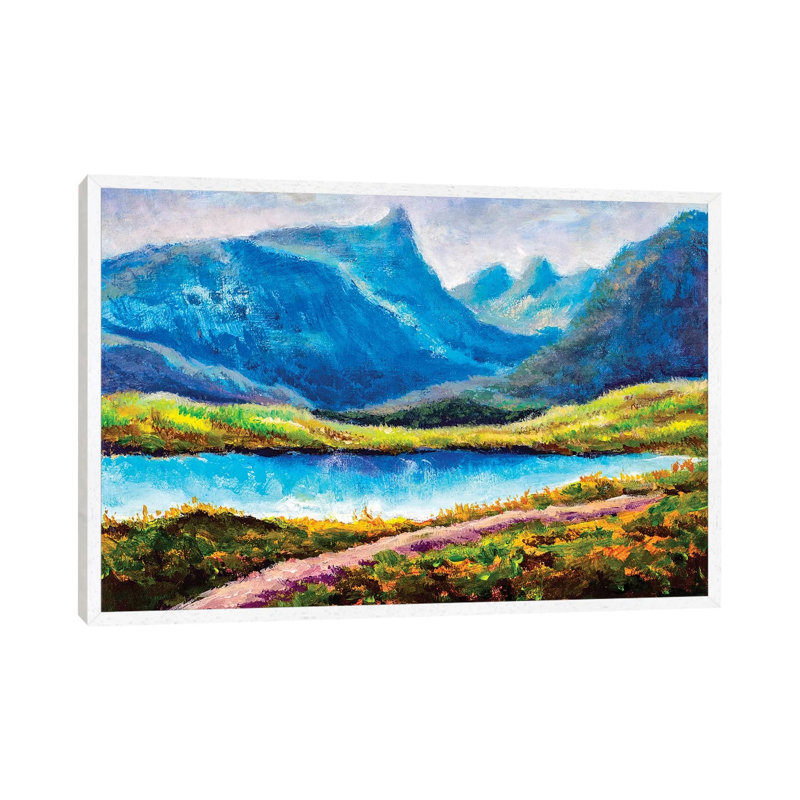 Beautiful Lake in Mountains 1 Piece Painting on Canvas, 66.04cm H x 101.6cm W x 3.81cm D, White Framed