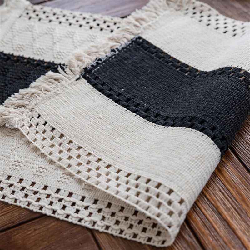 Symona Runner No Pattern Linen Blend Table Runner, 12" W x 95" L, Beige/Black