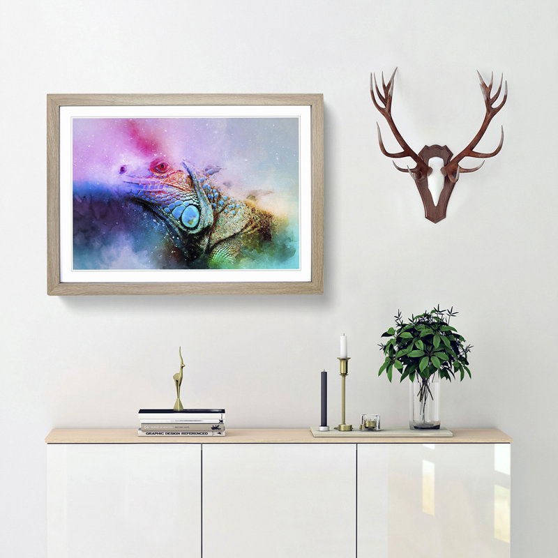 Iguana Lizard Colour Explosion in Abstract - Framed Print, 50cm H x 76cm W x 2cm D, Oak