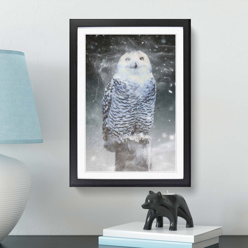 Snowy Owl on a Perch - Picture Frame Graphic Art Print on MDF, 65cm H x 48cm W x 2cm D, Black Framed