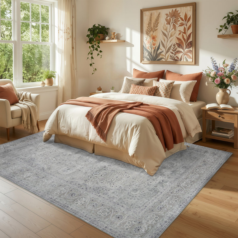 Washable Area Rug 5'X7', Ultra Soft With Non-Slip Backing & Durable Edge Binding, Vintage Large Carpets For Living Room, Bedroom, Dining Room