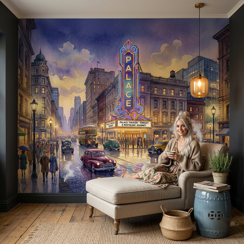 Papier peint rétro Cityscape Theatre Marquee Rainy Street Reflections, 200 po x 120 po, Peler et coller