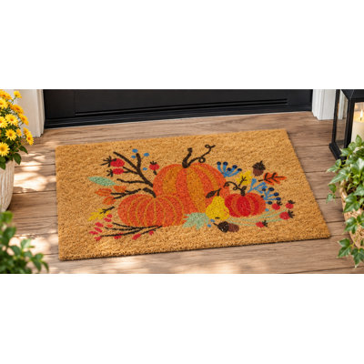 Tapis de porte en fibre de coco Harvest Bounty Pumpkin - 18 x 30 pouces (45,7 x 76,2 cm) avec dos en caoutchouc