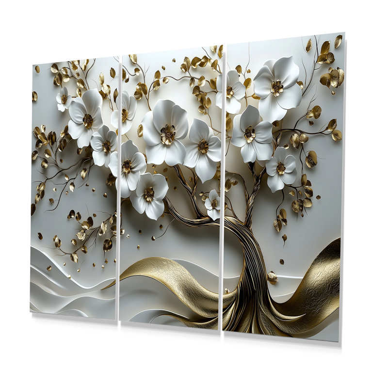 Ensemble de décorations murales cerisier blanc et or blanc I - Cherry Blossom, Métal métal, H 28 po x l 36 po x P 1 po