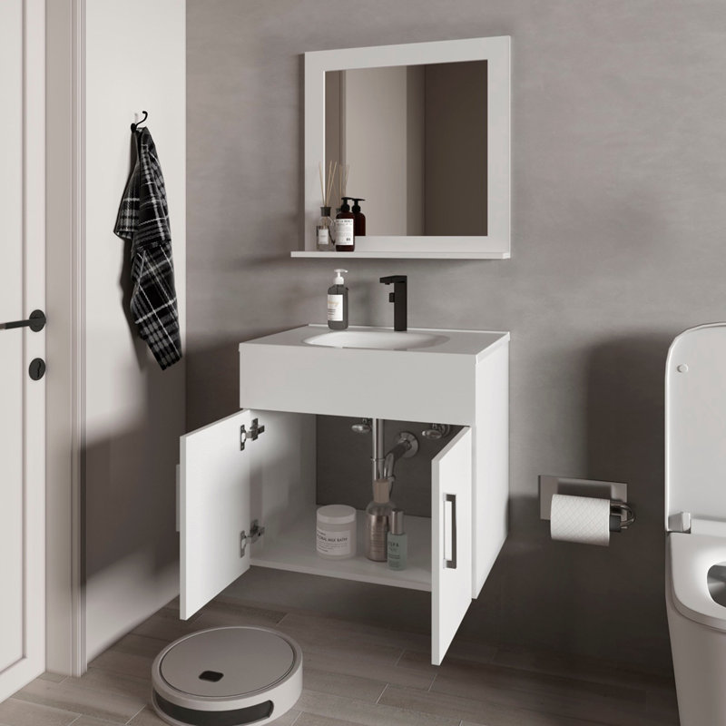 Ensemble de meuble-lavabo flottant avec lavabo, armoire à deux portes et miroir Slater, blanc
