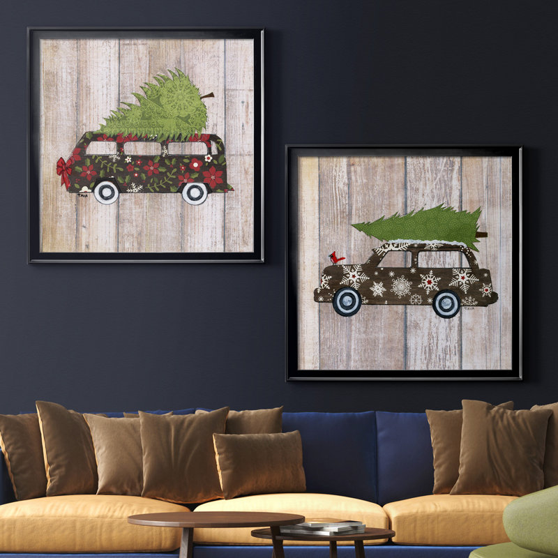 Classic Auto Christmas III - ensemble de 2 reproductions d'art encadrées, Toile avec cadre noir, Pas de tapis