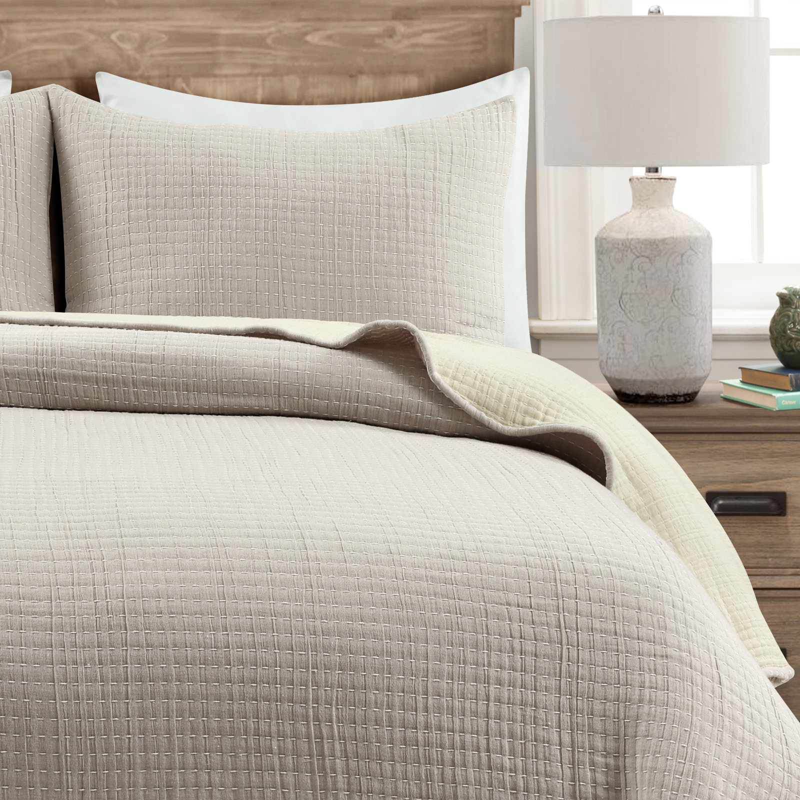 Cotton Quilt Set, King Quilt + 2 Shams, Cream